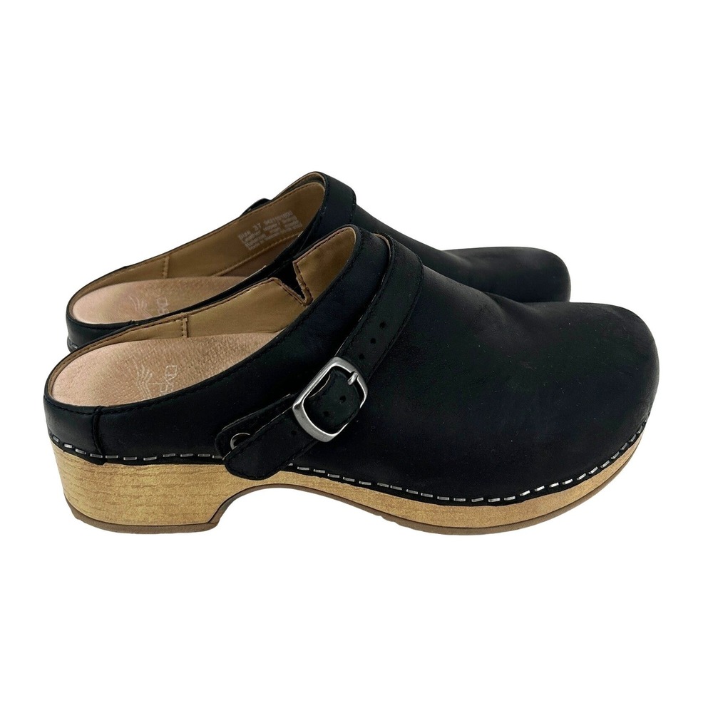 Dansko Berry Clogs Womens 37 Black Nubuck Leather Swivel Strap Mules